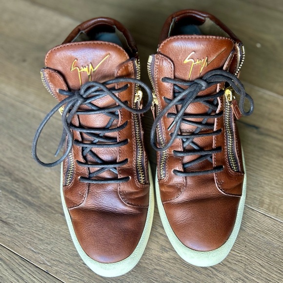 Giuseppe Zanotti Brown Leather Double Zip High Top Sneakers - Picture 2 of 4